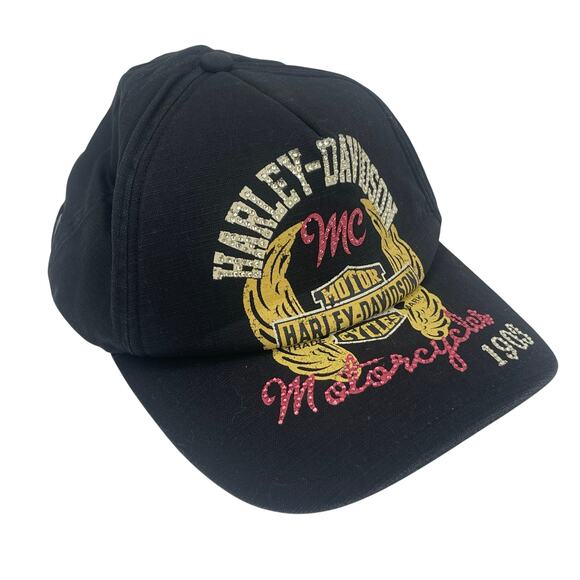 HARLEY DAVIDSON Hat One Size Baseball Cap Rhinestone Bling Black Motorcycles - Picture 1 of 15